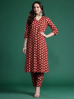 Maroon printed pure cotton kurta trouser set 4
