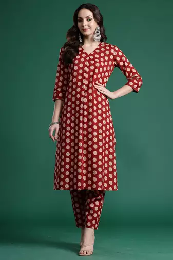 Maroon printed pure cotton kurta trouser set