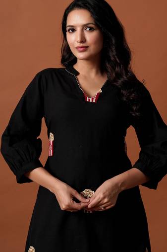 Black embroidered pure cotton kurta trouser set