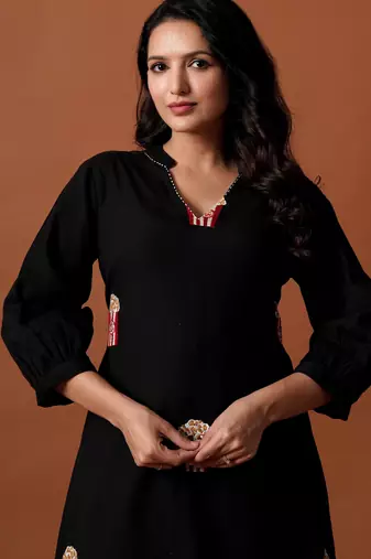 Black embroidered pure cotton kurta trouser set