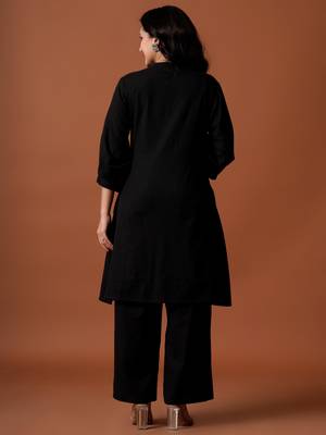 Black embroidered pure cotton kurta trouser set 2