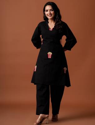 Black embroidered pure cotton kurta trouser set 3