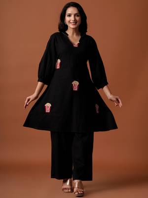 Black embroidered pure cotton kurta trouser set 4
