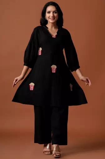 Black embroidered pure cotton kurta trouser set