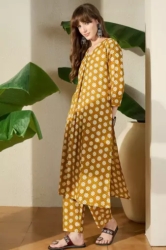 Mustard printed pure cotton kurta trouser set