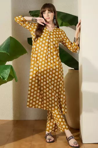 Mustard printed pure cotton kurta trouser set