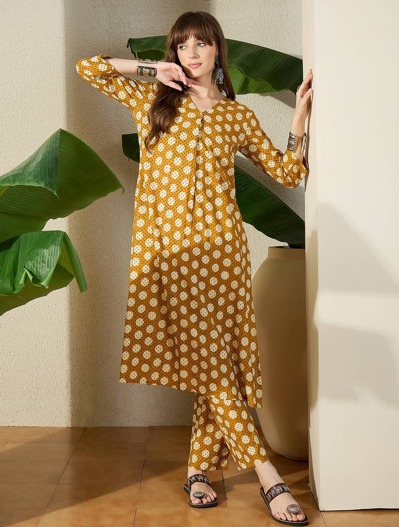 Mustard printed pure cotton kurta trouser set