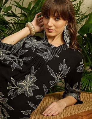 Black printed viscose rayon kurta trouser set 1