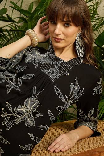 Black printed viscose rayon kurta trouser set