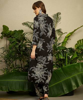 Black printed viscose rayon kurta trouser set 2