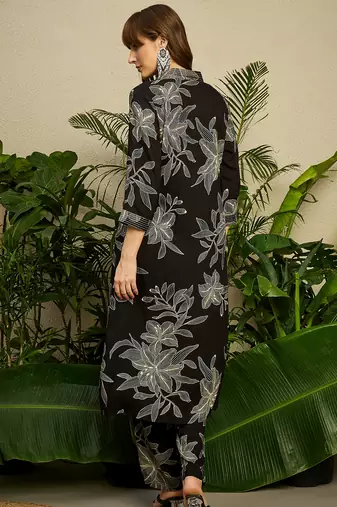 Black printed viscose rayon kurta trouser set