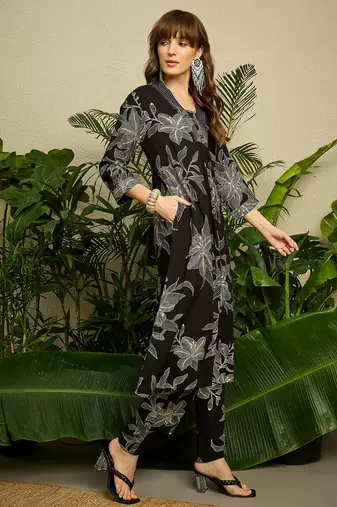 Black printed viscose rayon kurta trouser set