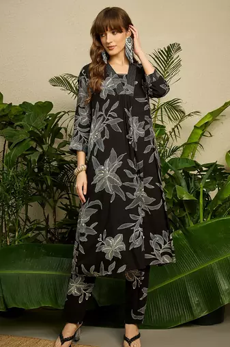 Black printed viscose rayon kurta trouser set