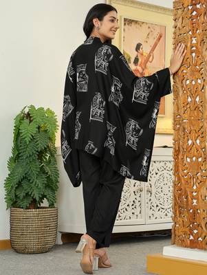 Black printed viscose rayon kurta trouser set 2