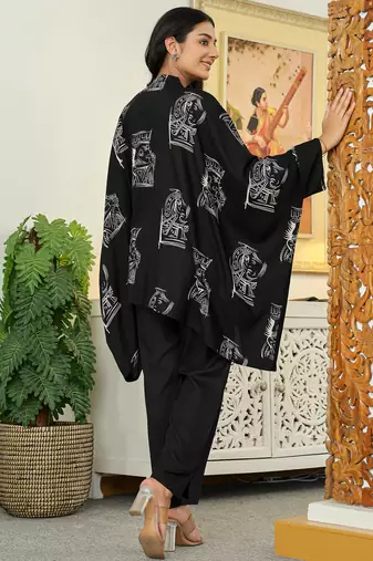 Black printed viscose rayon kurta trouser set