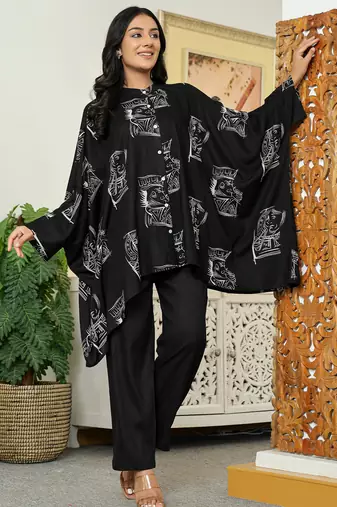 Black printed viscose rayon kurta trouser set