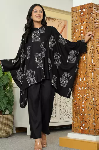 Black printed viscose rayon kurta trouser set