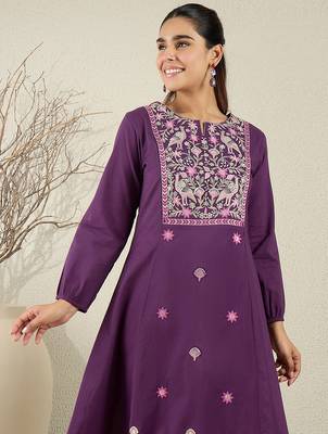 Purple embroidered pure cotton kurta trouser set 1