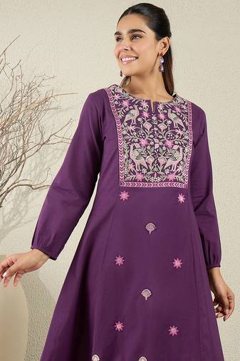 Purple embroidered pure cotton kurta trouser set