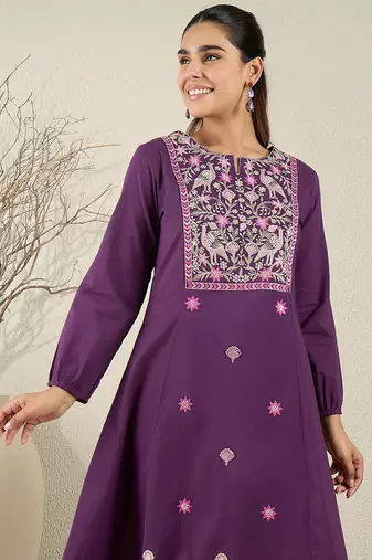 Purple embroidered pure cotton kurta trouser set