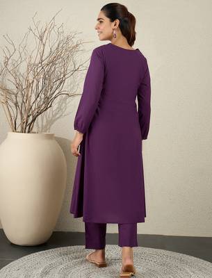 Purple embroidered pure cotton kurta trouser set 2