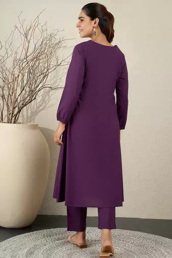 Purple embroidered pure cotton kurta trouser set