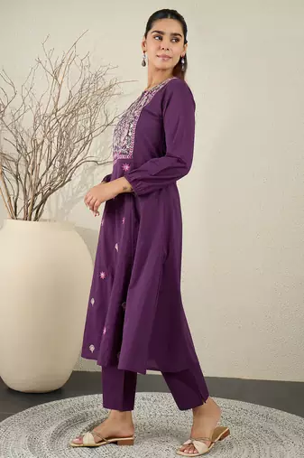 Purple embroidered pure cotton kurta trouser set