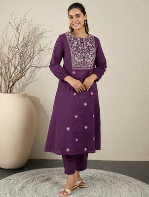 Purple embroidered pure cotton kurta trouser set 4
