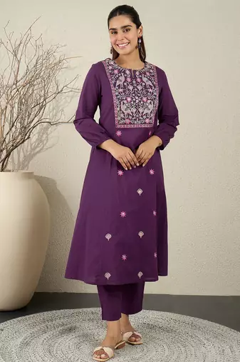 Purple embroidered pure cotton kurta trouser set