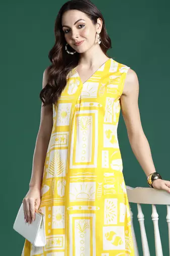 Yellow printed pure cotton kurta trouser set