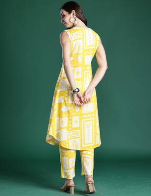 Yellow printed pure cotton kurta trouser set 2