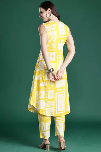 Yellow printed pure cotton kurta trouser set