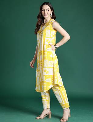 Yellow printed pure cotton kurta trouser set 3