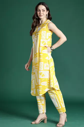 Yellow printed pure cotton kurta trouser set