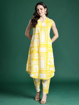 Yellow printed pure cotton kurta trouser set 4