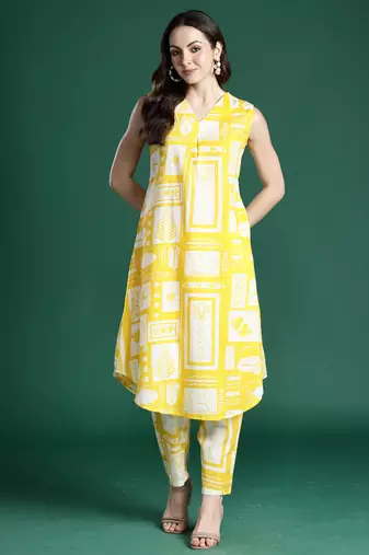 Yellow printed pure cotton kurta trouser set