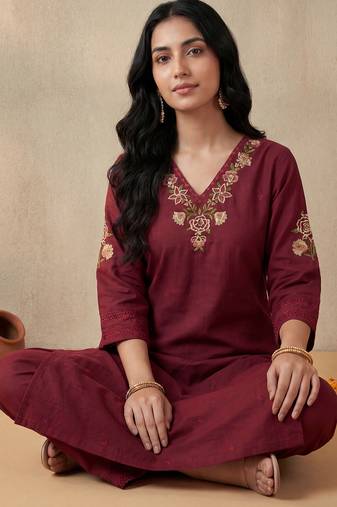 Red embroidered pure cotton kurta trouser set