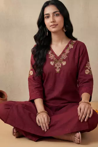 Red embroidered pure cotton kurta trouser set