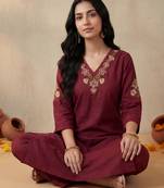 Red embroidered pure cotton kurta trouser set