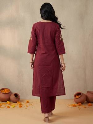 Red embroidered pure cotton kurta trouser set 2