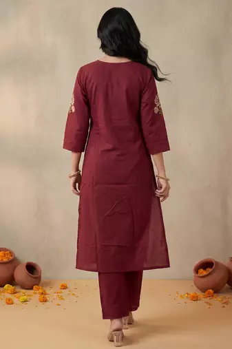 Red embroidered pure cotton kurta trouser set