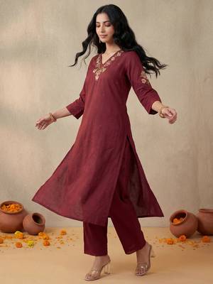 Red embroidered pure cotton kurta trouser set 3