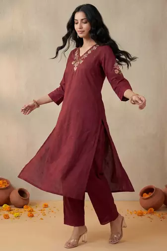 Red embroidered pure cotton kurta trouser set
