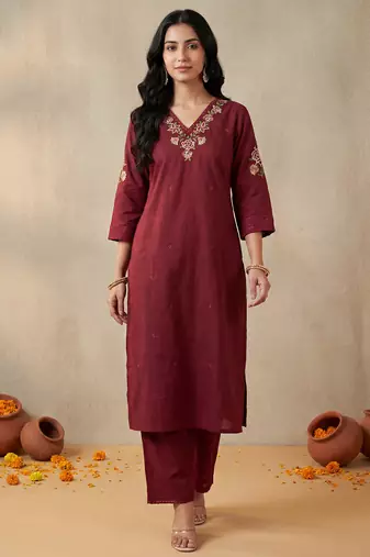 Red embroidered pure cotton kurta trouser set
