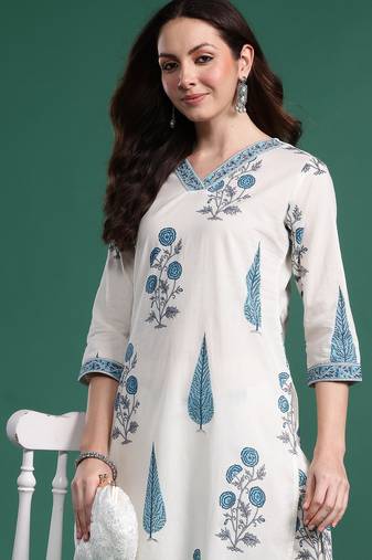 White printed pure cotton kurta trouser set