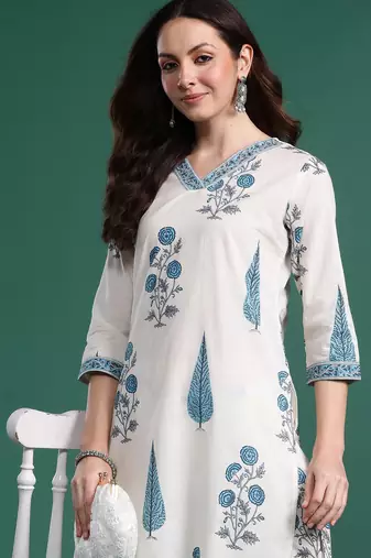 White printed pure cotton kurta trouser set