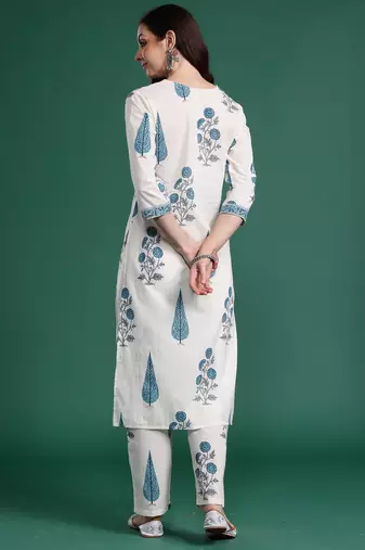 White printed pure cotton kurta trouser set