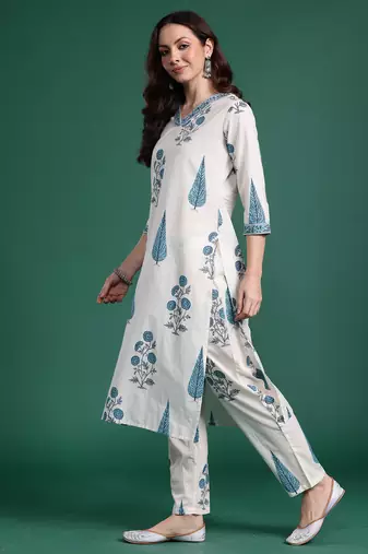 White printed pure cotton kurta trouser set