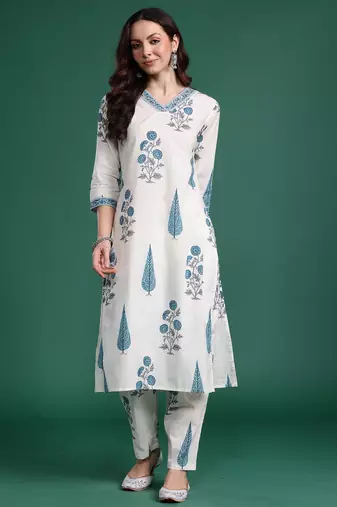 White printed pure cotton kurta trouser set