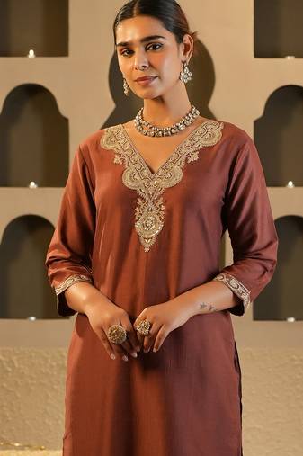 Brown embroidered silk kurta trouser set